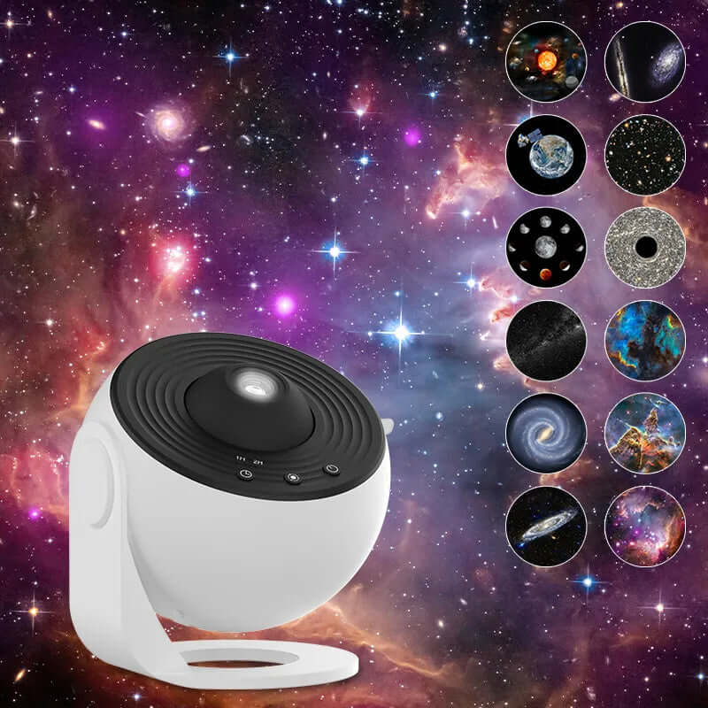 Night light galaxy projector displaying 12 unique celestial scenes in a galaxy backdrop, perfect for kids' bedrooms.