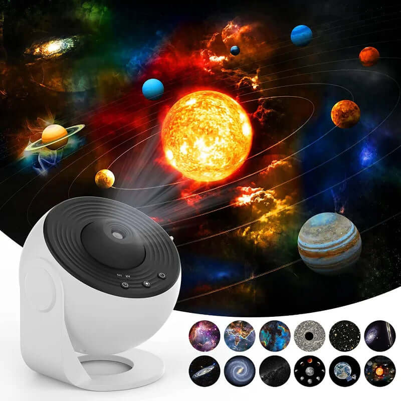 Night Light Galaxy Projector showcasing planets and solar system, perfect for kids' bedrooms and decorative gifts.