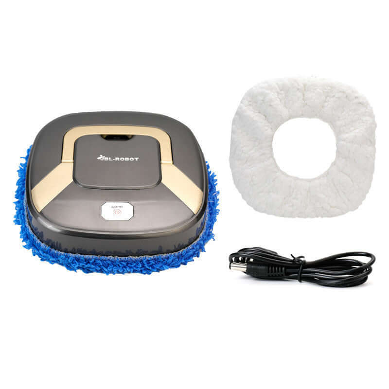Robotic cleaning device with blue cleaning pad, filter, and power cord on a white background