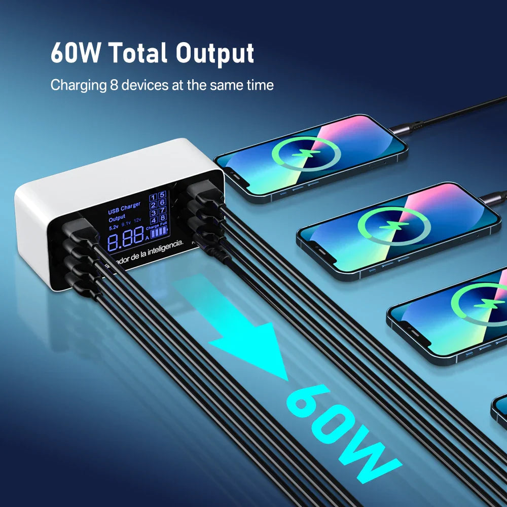 ASOMETECH 60W Quick Charge USB charger adapter with 8 ports charging multiple devices simultaneously and LCD display