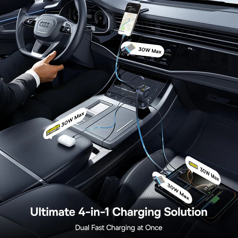 Baseus 4-port car charger with dual retractable USB Type-C cables and 30W max fast charging in black interior car setup