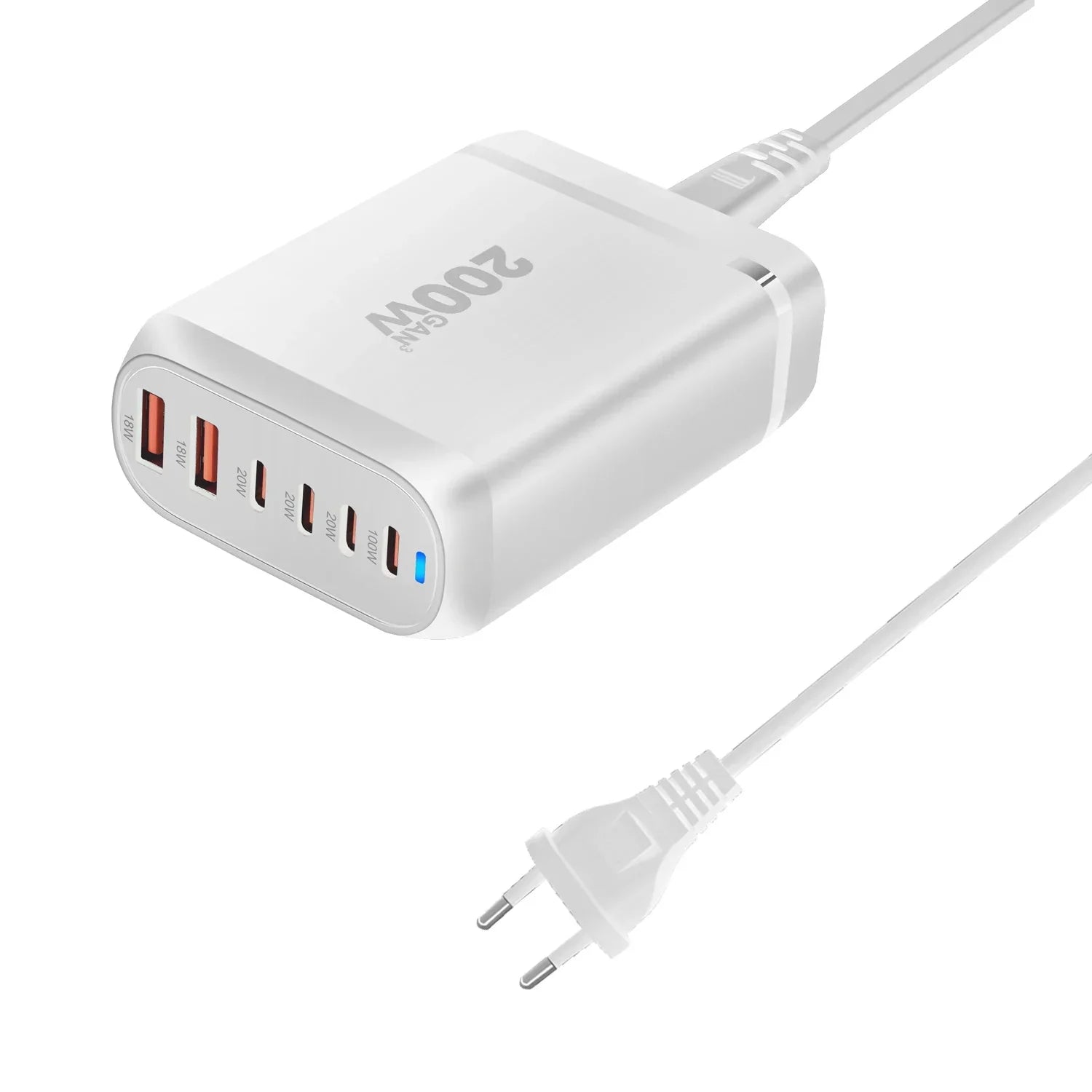White 200W GaN desktop charger with 6 USB Type-C and USB-A ports and fast charging capabilities