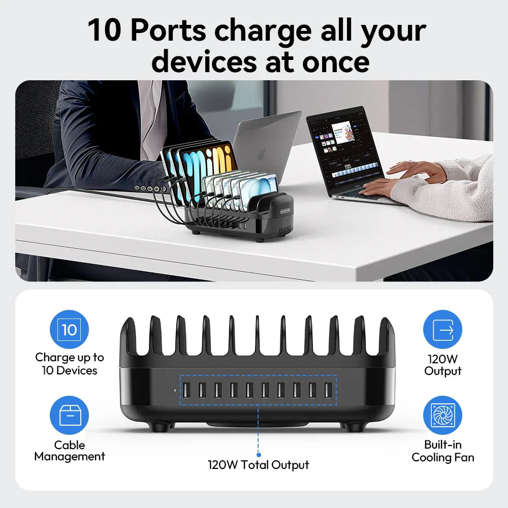 120W fast charging station with 10 USB ports, built-in cooling fan, and cable management for multiple device charging.