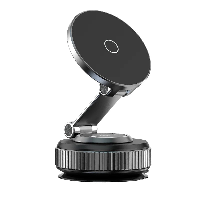 Black 360° magnetic car phone holder with wireless charging for iPhone 12-16. Equipped with a rotatable arm and suction base for stability.