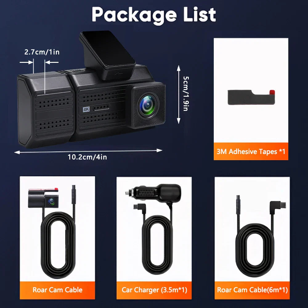 3 Channel Dash Cam with 2.4 inch 4K WDR display, WiFi APP control, black box, 24H parking monitor, and rear view camera for cars DVR package including adhesive tape, rear cam cable, car charger, and cable