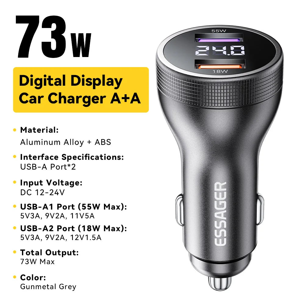 Essager 73W USB A car charger digital display gunmetal grey fast charging adapter