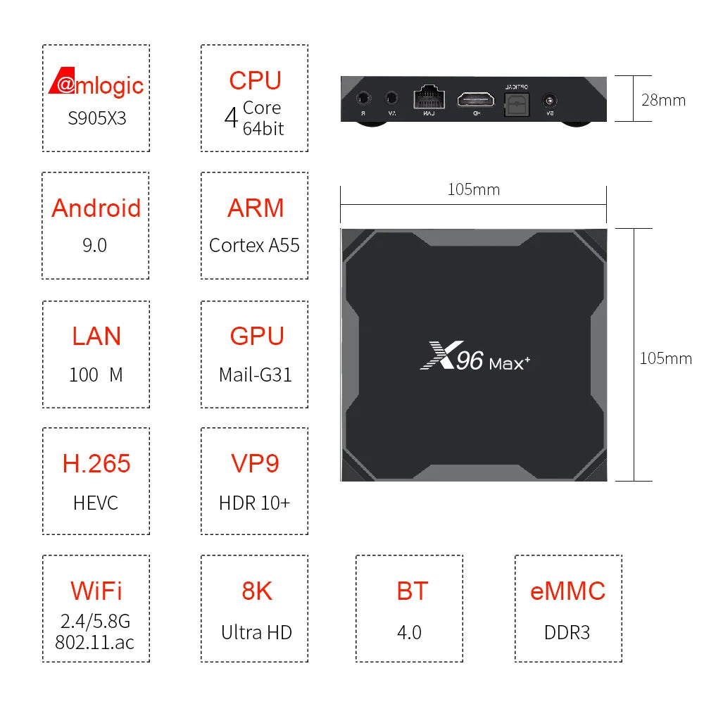 X96 Max Plus Smart TV Box Android 9 4G 32G 64G Amlogic S905X3 Quad Core 2.4G/5G Wifi 4K TVBOX X96Max Media Player Set Top Box