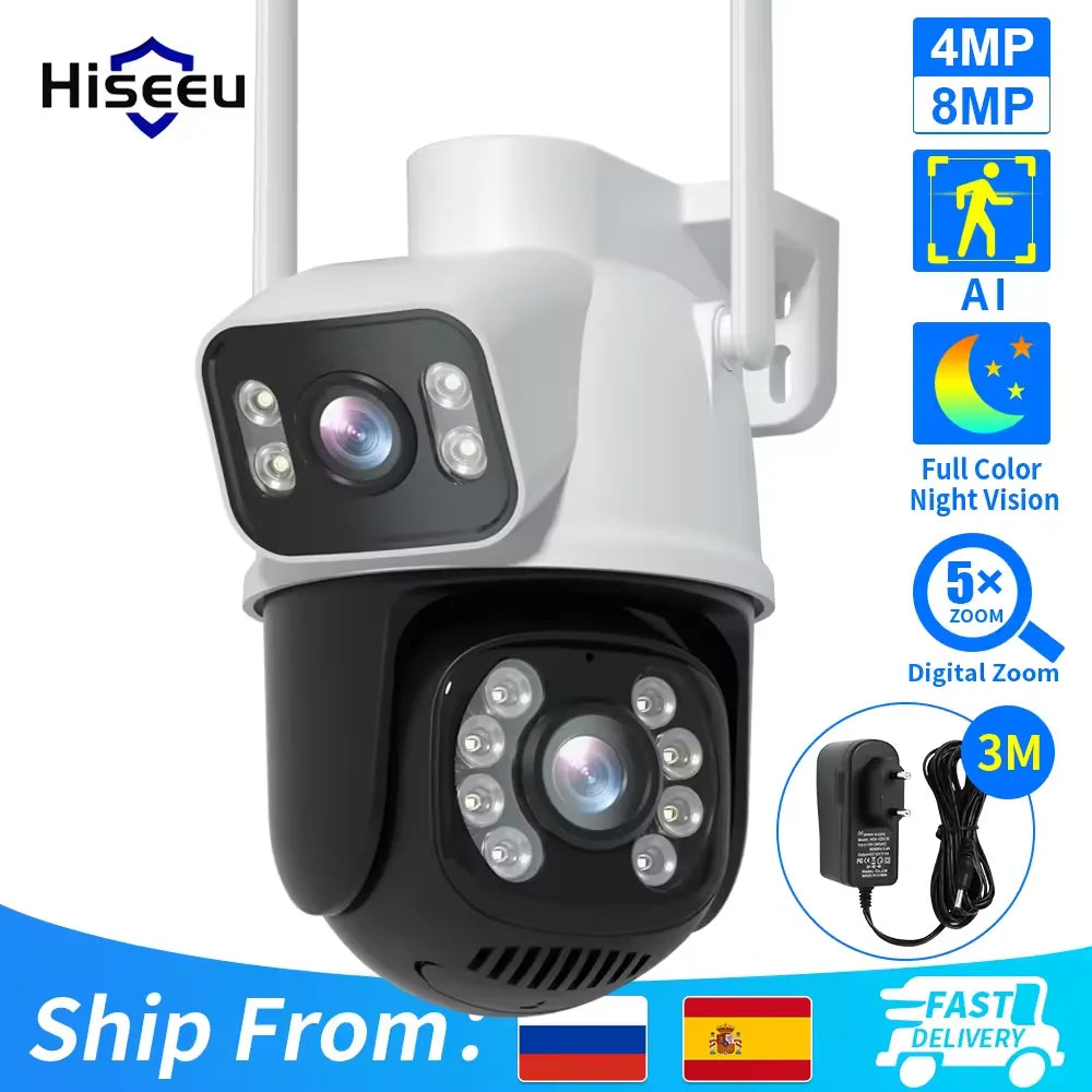 Hiseeu 4K 8MP PTZ Wifi IP Camera Dual Lens 5X Zoom Colorful night vision ONVIF Wireless Surveillance CCTV Cameras Security Prote