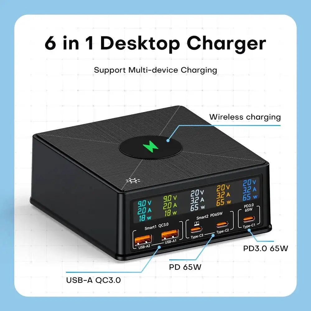 160W 6-Port USB Charger Station With Wireless Charging Digital Display Screen QC3.0 Quick Charge For iPhone 15 Pro Max 14 Xiaomi