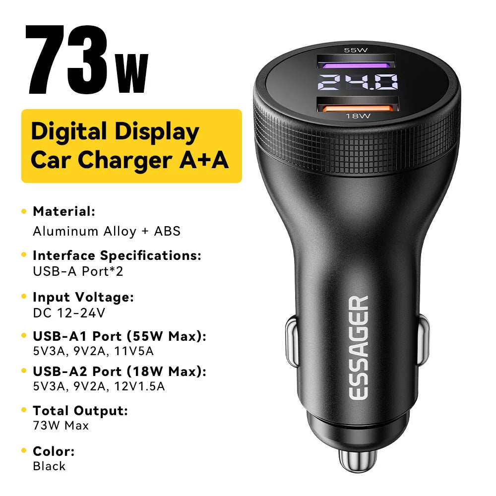 Essager 73W USB-A digital car charger black aluminum alloy fast charging adapter