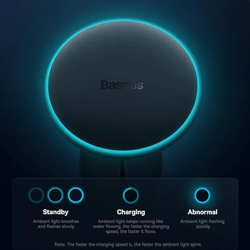 Baseus Magnetic Wireless Charger with ambient light ring showing standby, charging, and abnormal status indicators