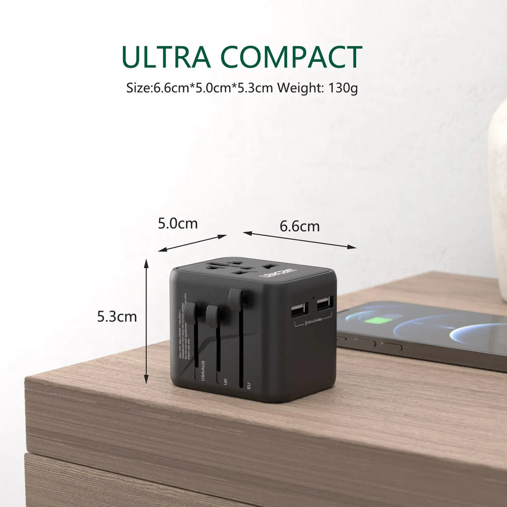 LENCENT ultra-compact international travel adapter with 2 USB ports and multiple plug types for worldwide use, weighing 130g