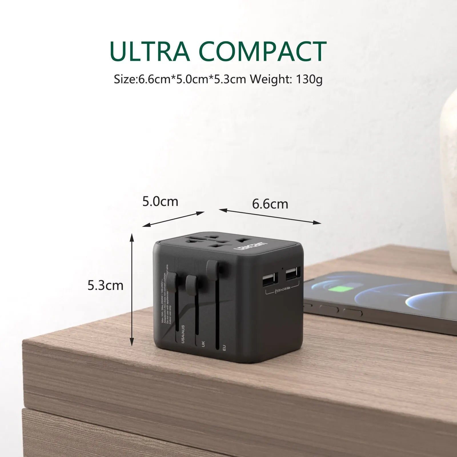 LENCENT ultra-compact international travel adapter with 2 USB ports and multiple plug types for worldwide use, weighing 130g
