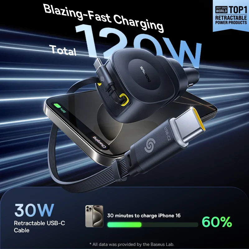 Baseus Car Charger 120W total power with 30W retractable USB-C cable fast charging iPhone 16 to 60% in 30 minutes cosmic black compact design