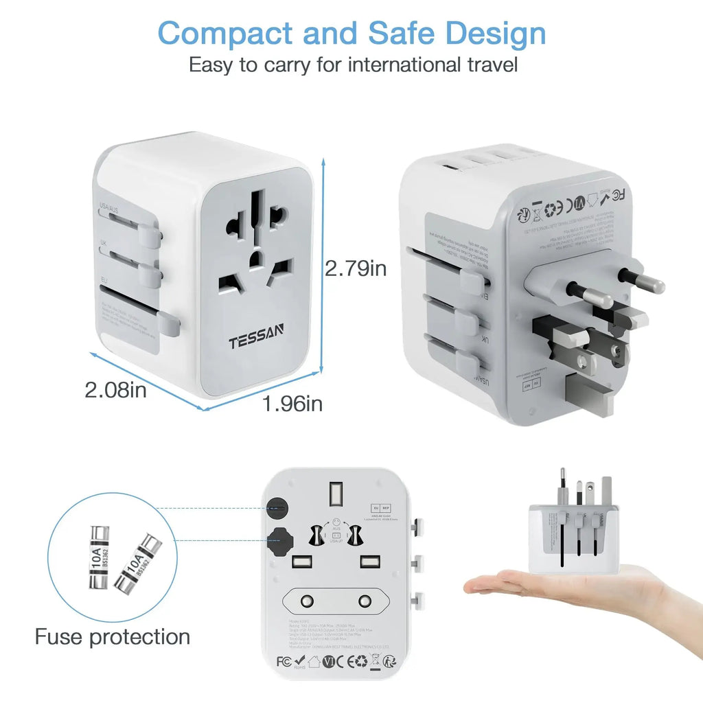 Compact TESSAN universal travel adapter with fuse protection, USB and Type C ports, compatible with US EU UK AUS plugs for worldwide use