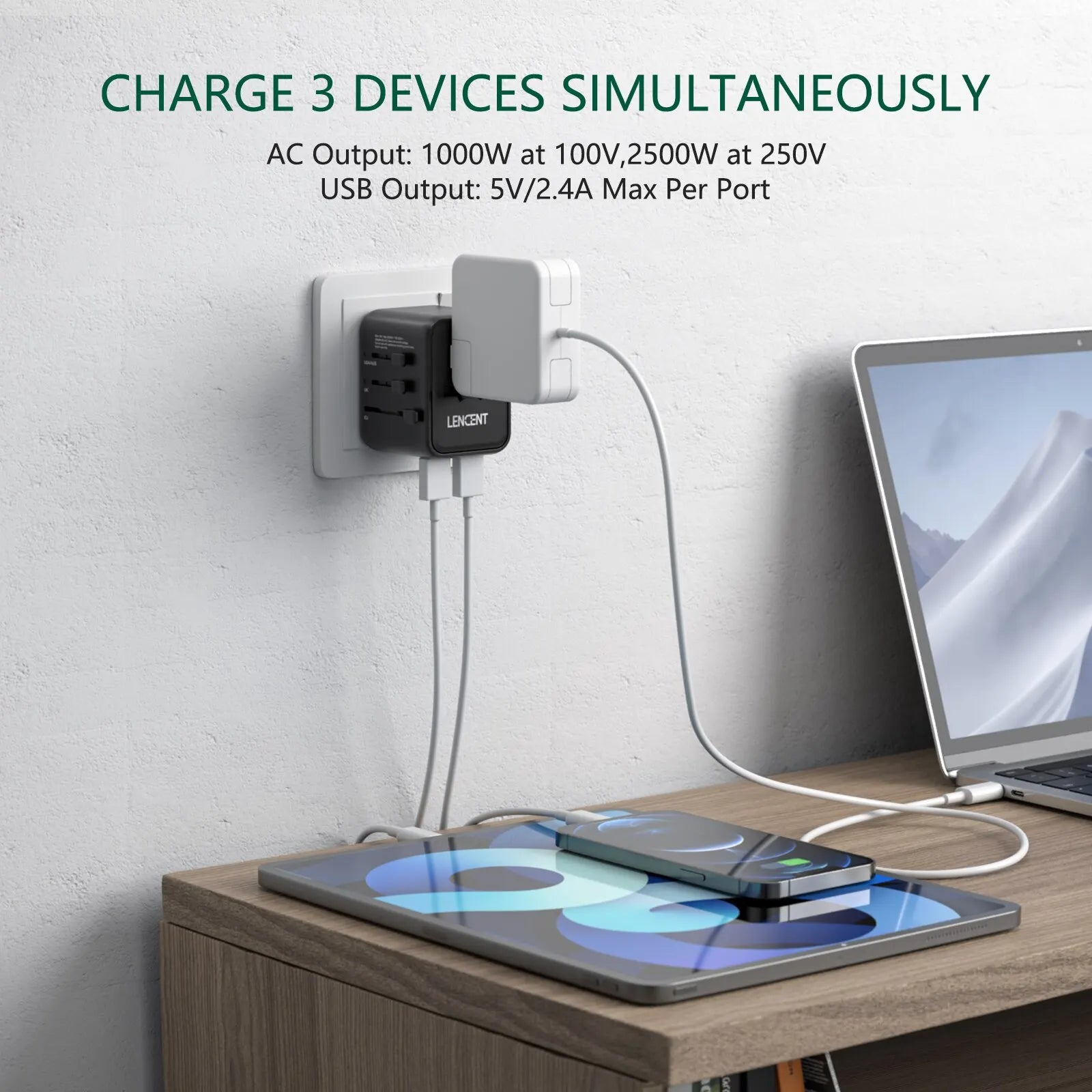 LENCENT international travel adapter with 2 USB ports charging three devices simultaneously with universal plugs for EU/UK/USA/AUS travel