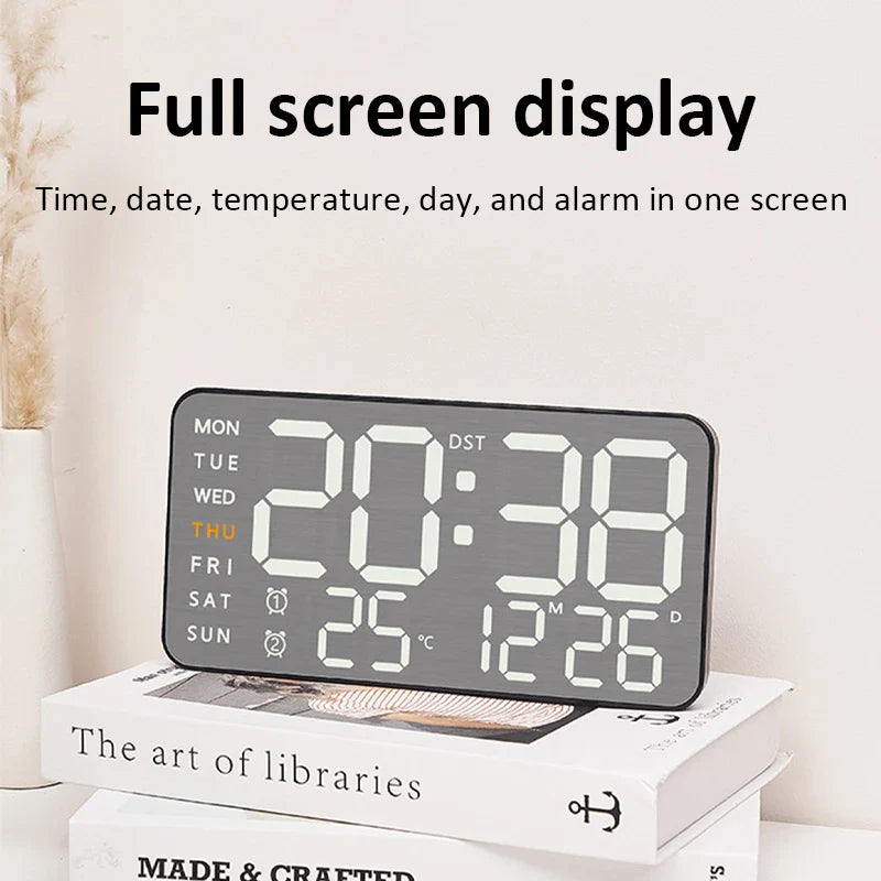 Full screen digital clock displaying time, date, temperature, and alarm, perfect for modern home or office tabletops.