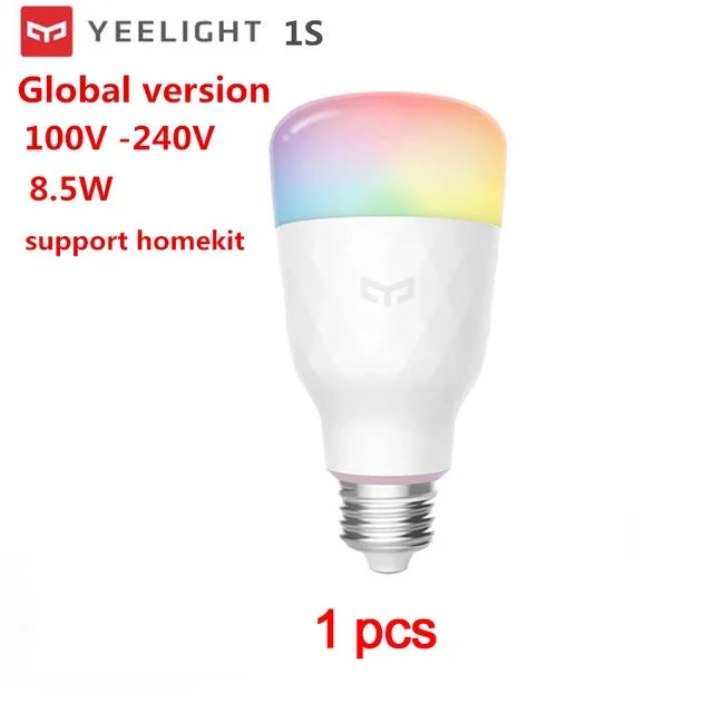 Yeelight Smart LED Bulb 1S global version with 8.5W power, 100V-240V range, HomeKit support, and vibrant multicolor lighting capability.