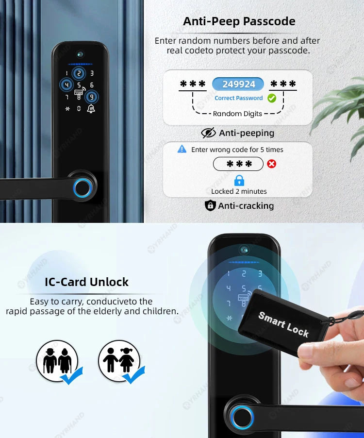Tuya Wifi Smart Door Lock Electronic Digital Lock with Biometric Fingerprint Camera Smart Card Password Key Unlock Feature