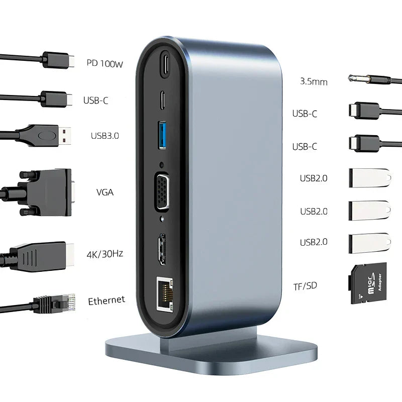 USB C 3.0 HUB multiport docking station with 4K HDMI, VGA, Ethernet, USB 3.0, USB-C, audio jack, and SD/TF card slots