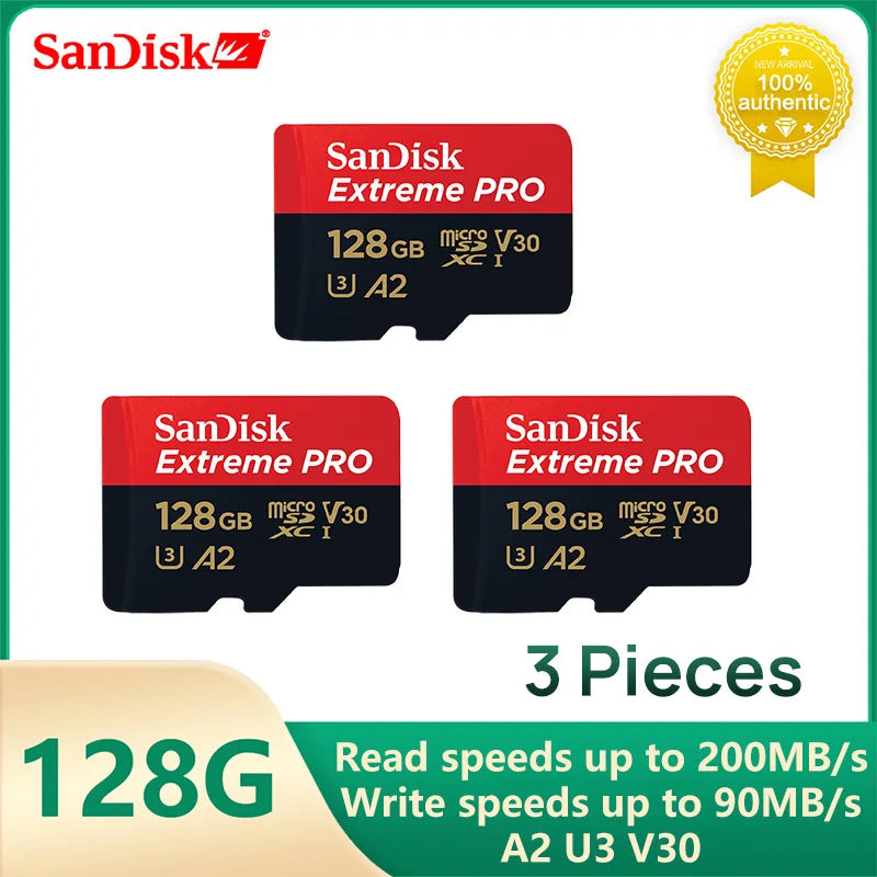 SanDisk V30 Micro SD Extreme PRO 128GB memory cards with A2 U3 V30 rating and 200MB/s read speed, 3 pieces set