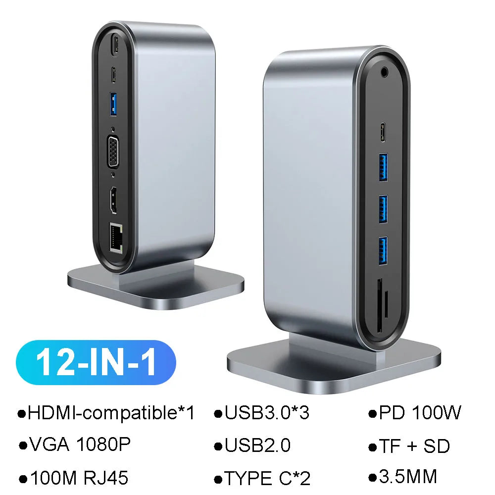 12-in-1 USB C Docking Station with HDMI, VGA, RJ45, USB 3.0, USB 2.0, PD 100W, SD/TF card reader, and 3.5mm audio port in silver.