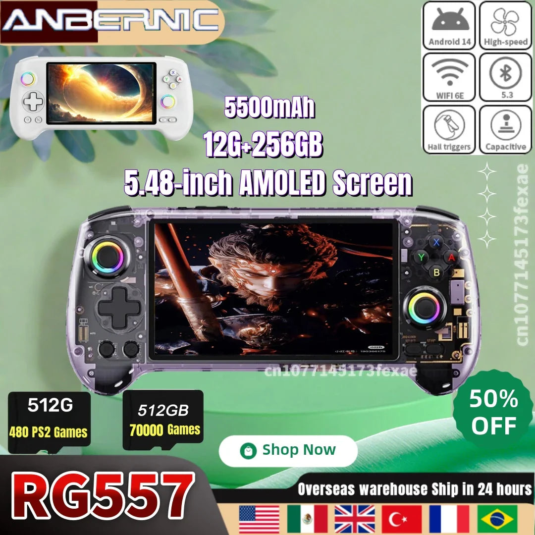 ANBERNIC RG557 Retro Handheld Game Video Player Console Android 14 12G+256G 5.48 inch AMOLED Screen 512G PS2 PSP Games RG 557