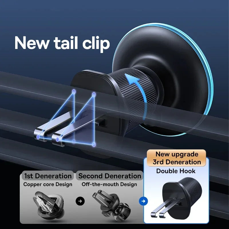 Baseus Magnetic Wireless Charger car phone holder with new tail clip and double hook design for secure mounting