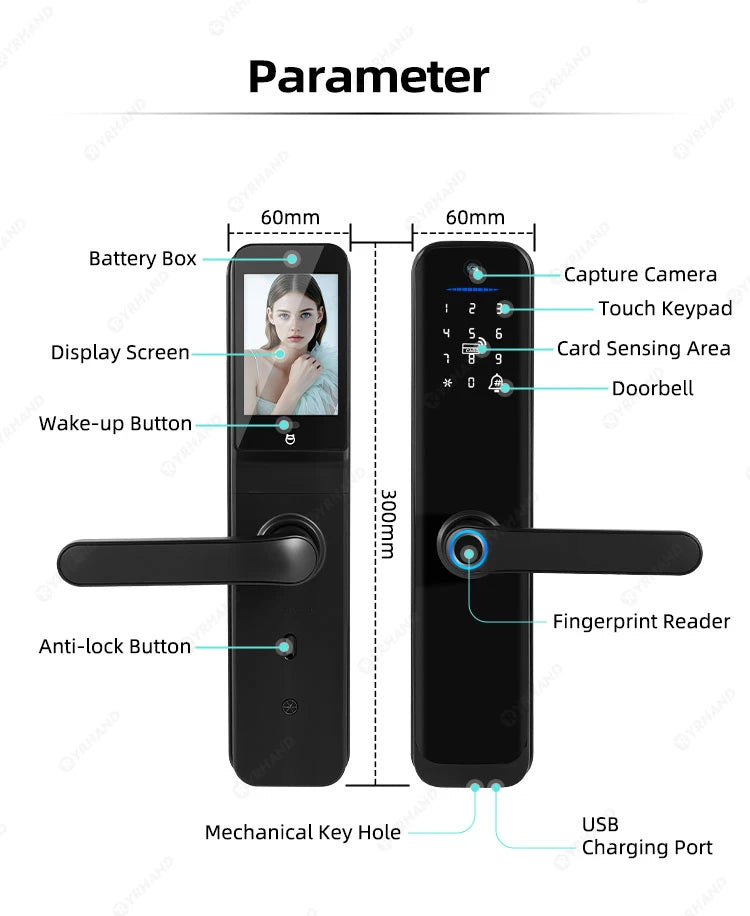Tuya Wifi Smart Door Lock Electronic Digital Lock with Biometric Fingerprint Camera Smart Card Password Key Unlock Feature
