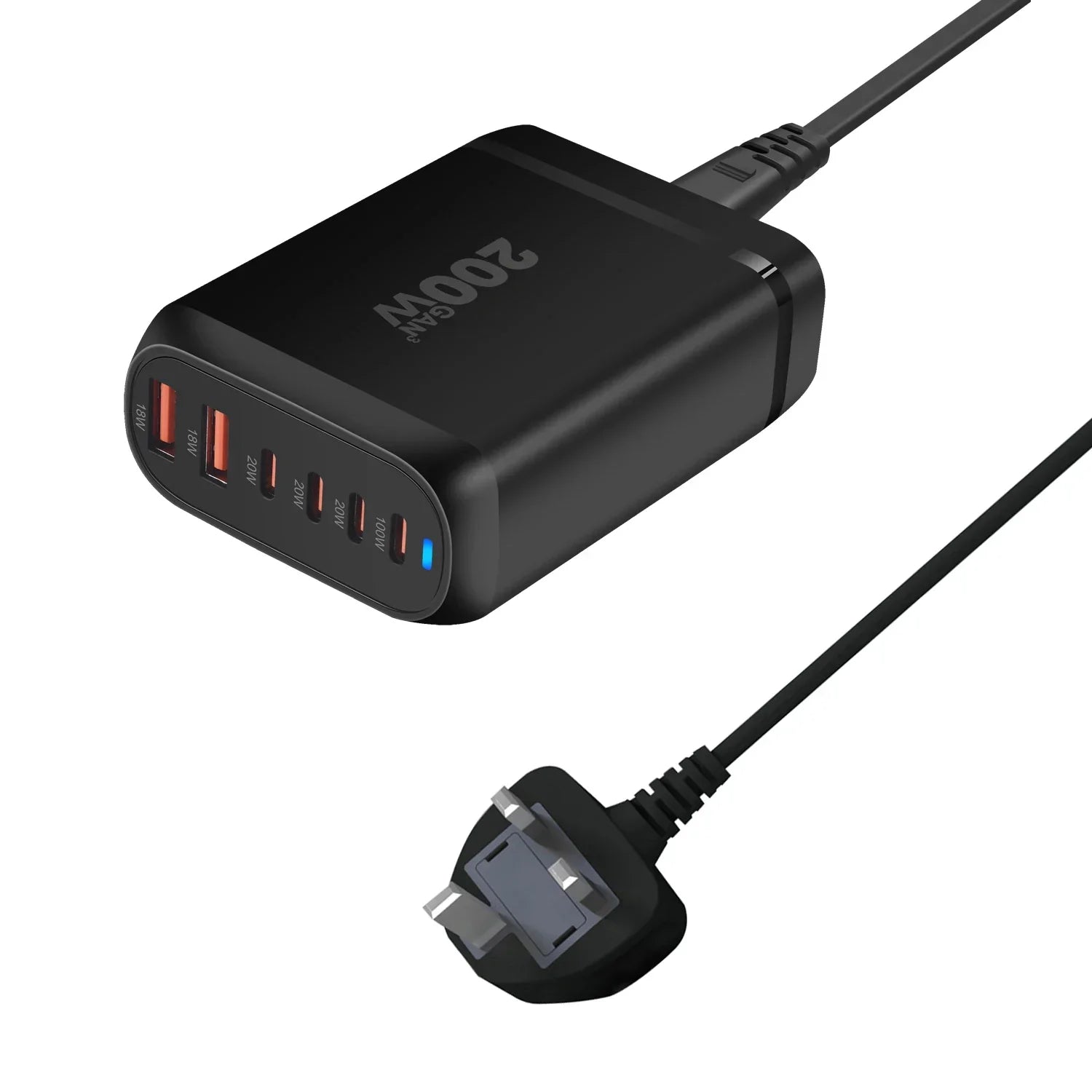 200W GaN desktop charger with 6 USB Type C ports fast charging black compact design