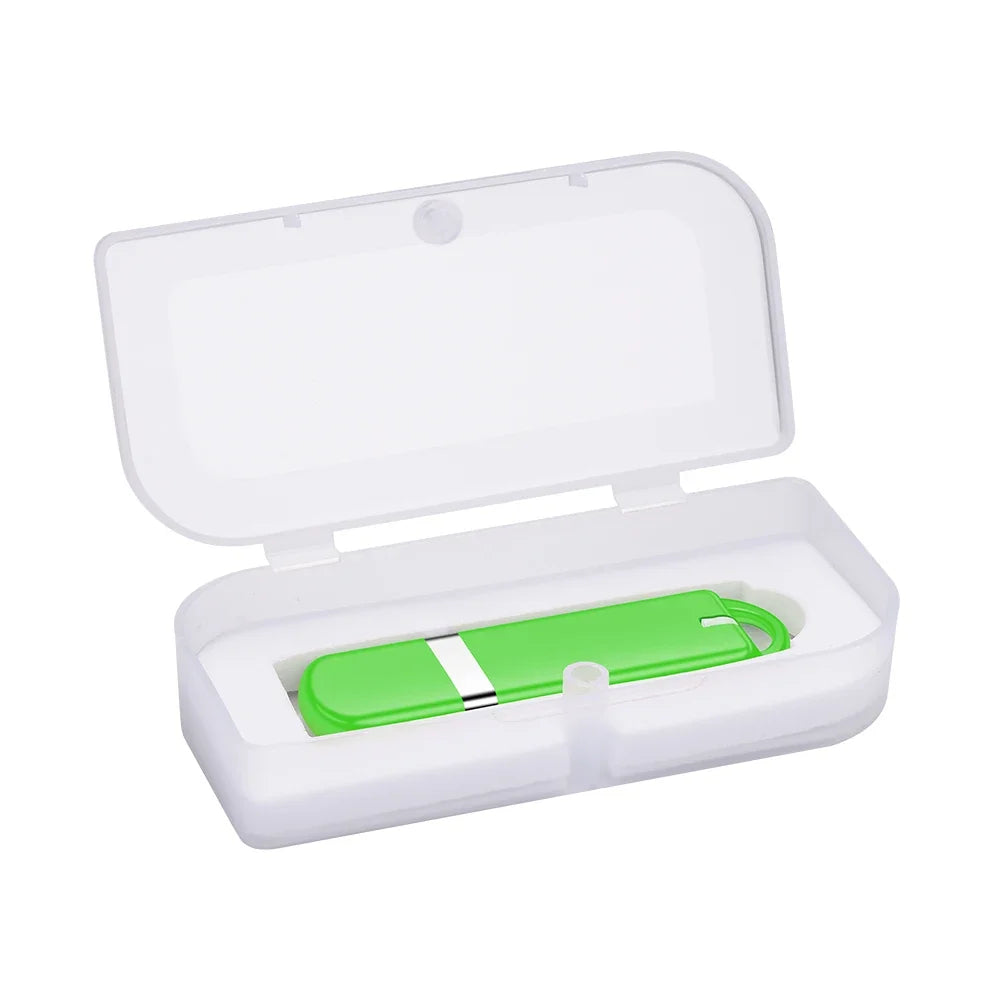 JASTER 64GB USB Flash Drive in green with USB 2.0, packaged in a clear plastic case, ideal for business gifts and portable data storage.