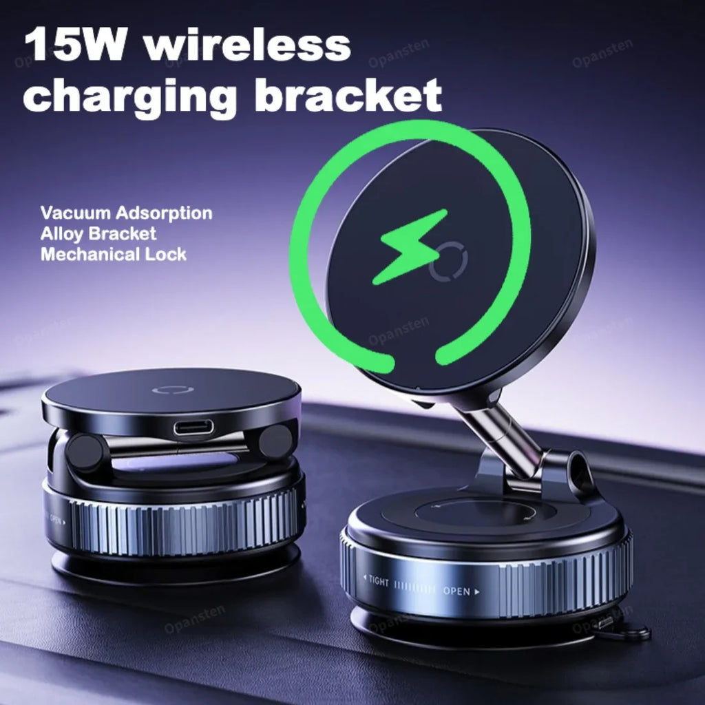 360° Car Holder & Charger with 15W wireless charging and magnetic lock for iPhone 12-16. Features vacuum adsorption and alloy bracket design.