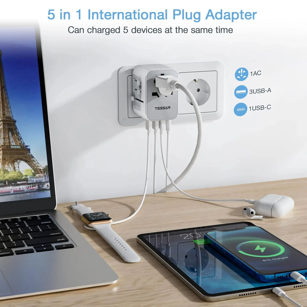 TESSAN Universal Travel Adapter with 1 AC socket, 3 USB-A ports, 1 USB-C port charging multiple devices simultaneously