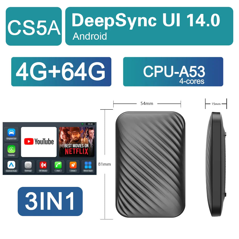 BYLITU Android Ai Box wireless CarPlay and Android Auto adapter with 4G+64G, CPU-A53, DeepSync UI 14.0, 3-in-1 multimedia player for cars