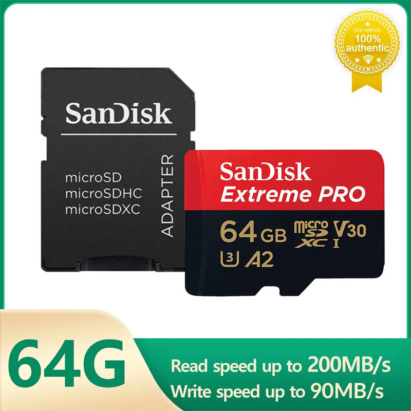 SanDisk V30 Micro SD Extreme PRO 64GB memory card with adapter, UHS-I U3, A2 class, 200MB/s read speed for 4K video and camera use