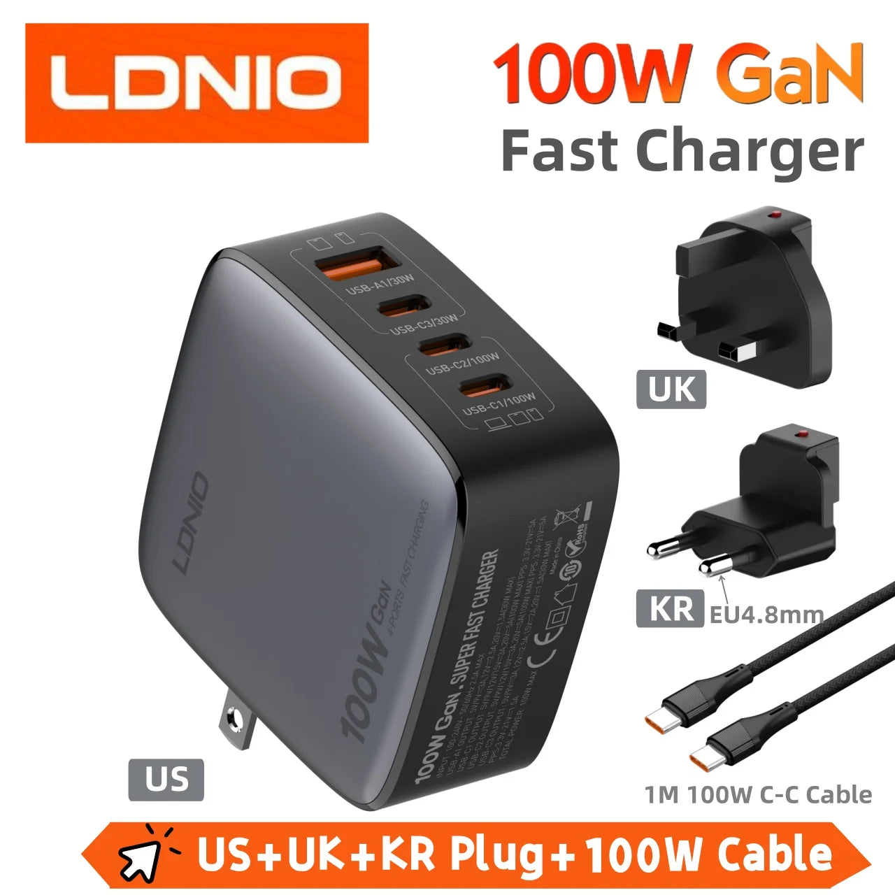 LDNIO 100W Charger Gan Fast Charge Type C USB Charging Station Phone Tablet Laptop Macbook Portable Charger EU UK US Plug Adapte
