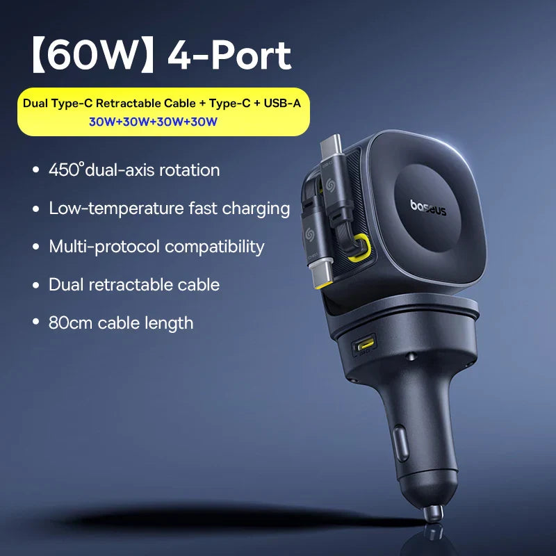 Baseus 60W 4-port car charger with dual retractable Type-C cables and USB-A port against blue background