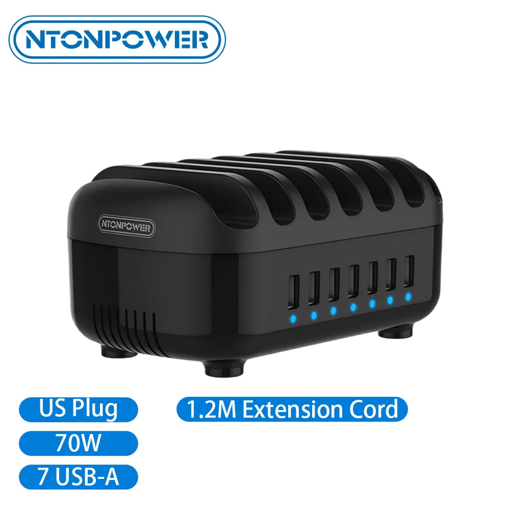70W Fast Charging Station USB-C Hub 7 Ports iPad Organizer with Cooling Fan US Plug Multiple Device Charger for Office/Family
