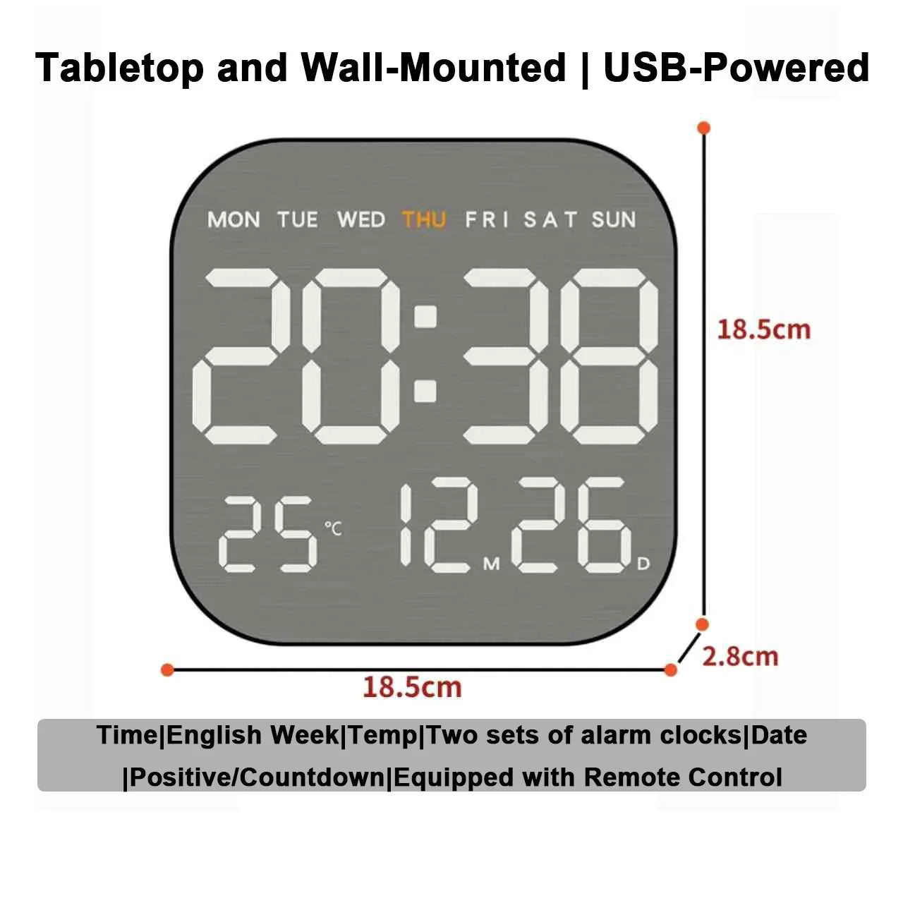 Square digital wall clock with USB power, remote control, and full display of time, date, and temperature for modern interiors.