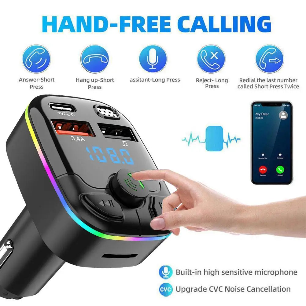 Bluetooth 5.0 Car FM Transmitter with USB & Type-C Charger offers hands-free calling with noise cancellation and multifunction button control.
