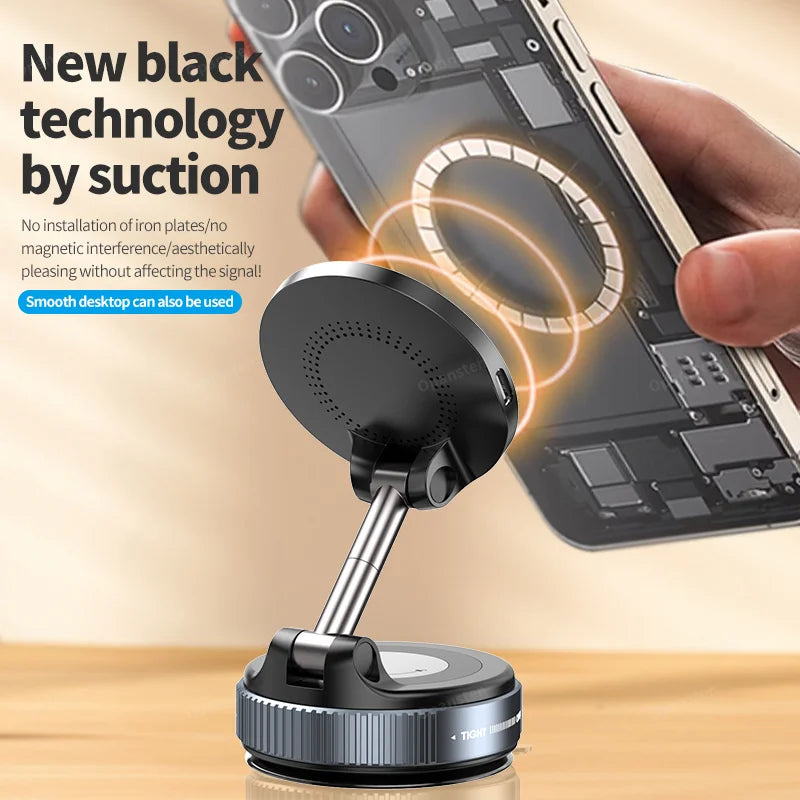 Magnetic iPhone charger with suction technology and no iron plate installation. Offers seamless wireless charging for iPhone 12-16 series.
