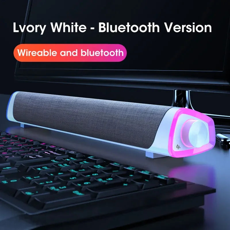 4D Computer Speaker Bar Bluetooth and wired stereo sound subwoofer for laptop and PC in ivory white