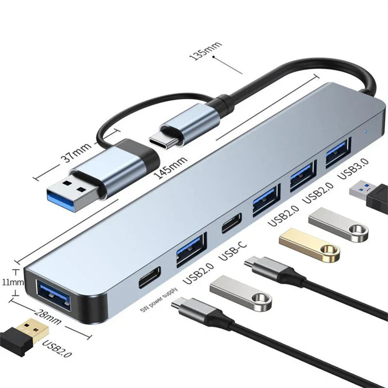USB C 3.0 HUB with multiple USB ports and Type-C connectors, silver aluminum alloy docking station adapter for laptops and accessories