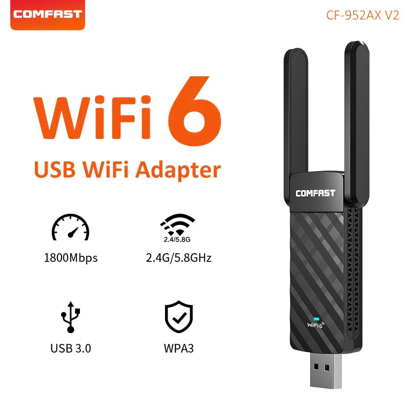 Comfast BE6500 WiFi 6 USB Adapter dual-band 1800Mbps wireless network card with USB 3.0 and WPA3 security for Windows 10/11 PC and laptop