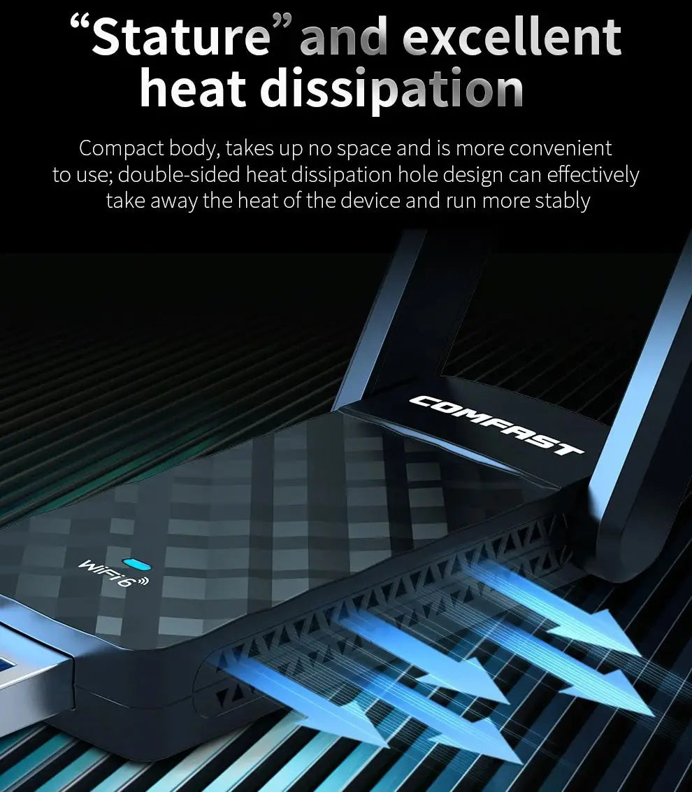Comfast BE6500 USB WiFi 6 adapter with dual-sided heat dissipation and compact design