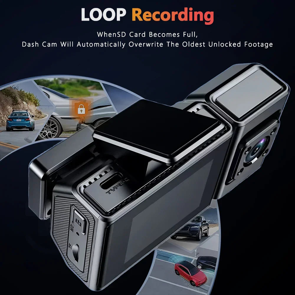 3 Channel Dash Cam with 2.4 Inch 4K screen, WiFi APP control, loop recording, and 24H parking monitor in black for cars DVR