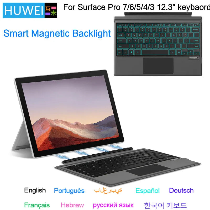 HUWEI Bluetooth keyboard with magnetic backlight for Microsoft Surface Pro 3-7 tablets, multi-language support including Russian, Arabic, Korean, Spanish, Portuguese, and French