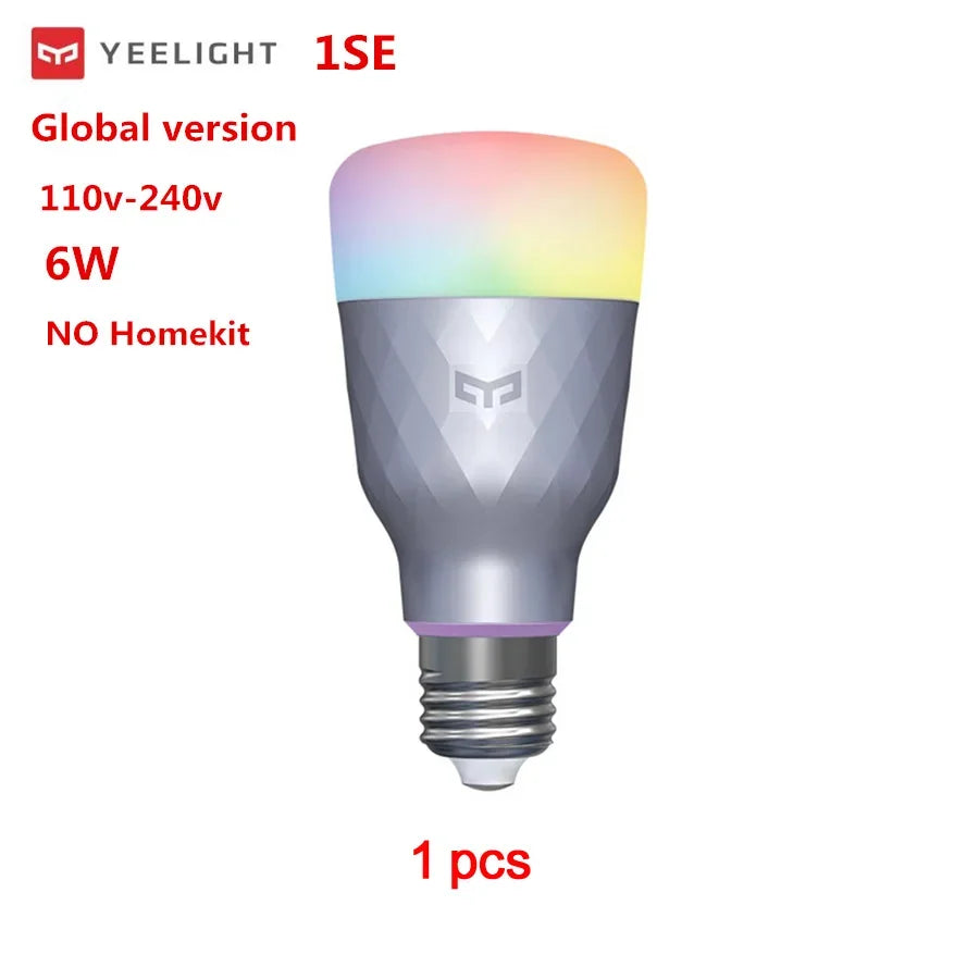 Yeelight Smart LED Bulb 1SE global version 6W with 110V-240V range, no HomeKit support, and multicolor RGB lighting for smart home use.