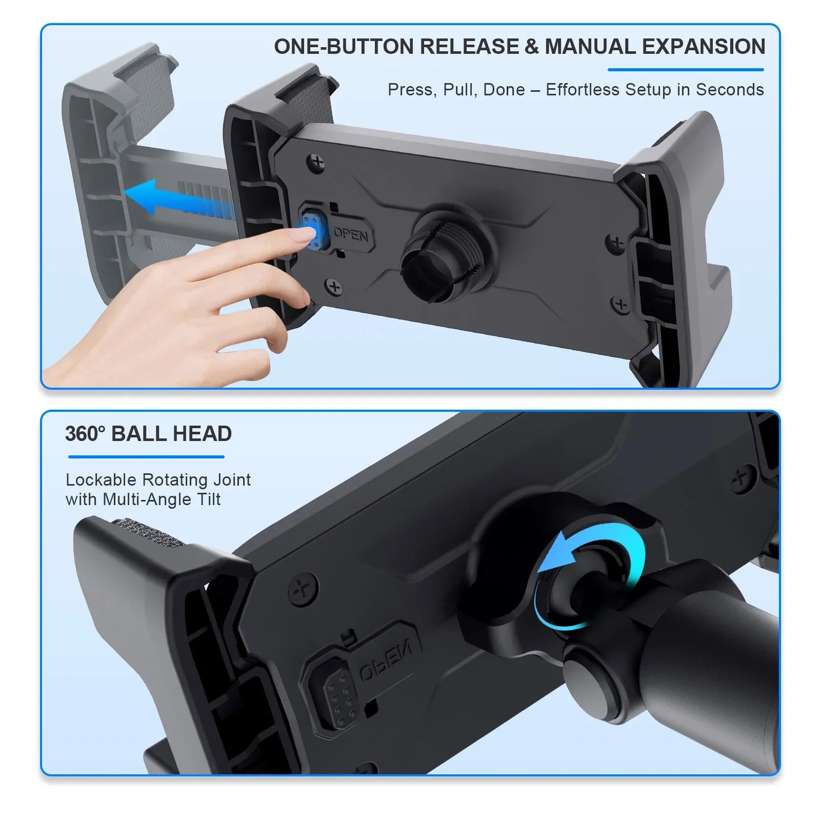Adjustable black tripod floor tablet stand with one-button release and 360-degree rotating ball head mount for 4-13 inch tablets.