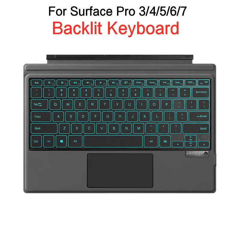 HUWEI Bluetooth backlit keyboard with trackpad for Surface Pro 3/4/5/6/7 tablets, multi-language support.